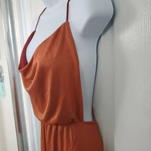 Y2K Copper Metallic Dress M Cowl Neck Mini Strappy Open Back Festival Going Out - Picture 8 of 9
